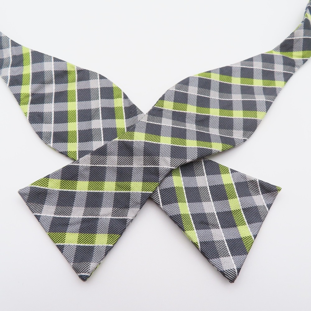 DKNY Bow Tie Silk Yellow gray Checked 2" Wide Self Tie - Picture 1 of 4
